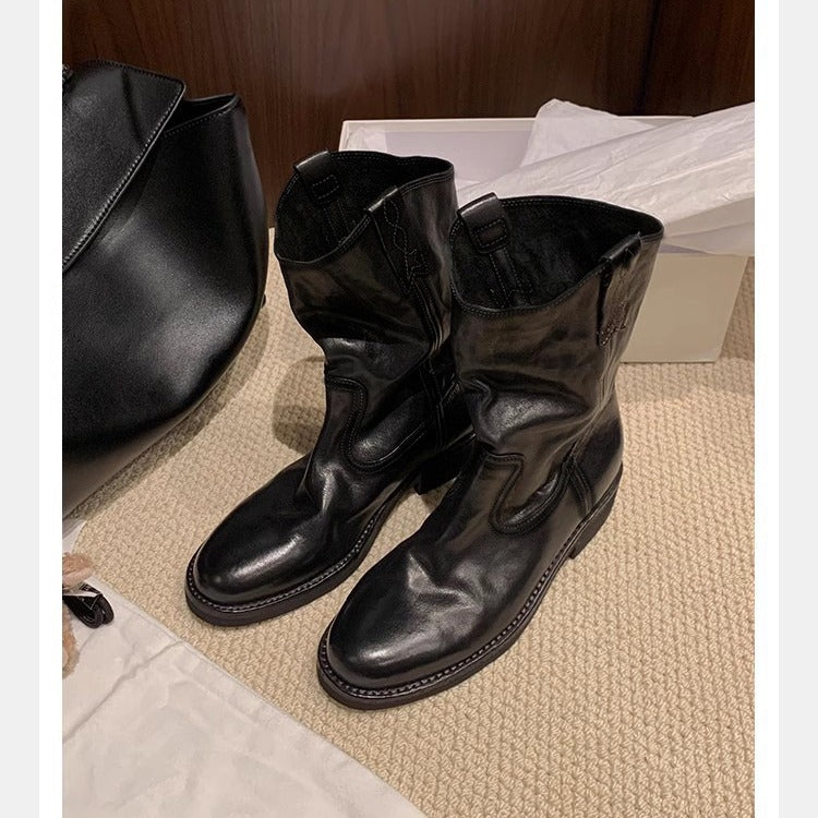 Damen Mid‑Calf Slouch Western‑Stiefel aus Glattleder mit Zuglaschen und profilierter Laufsohle Nord Taschen