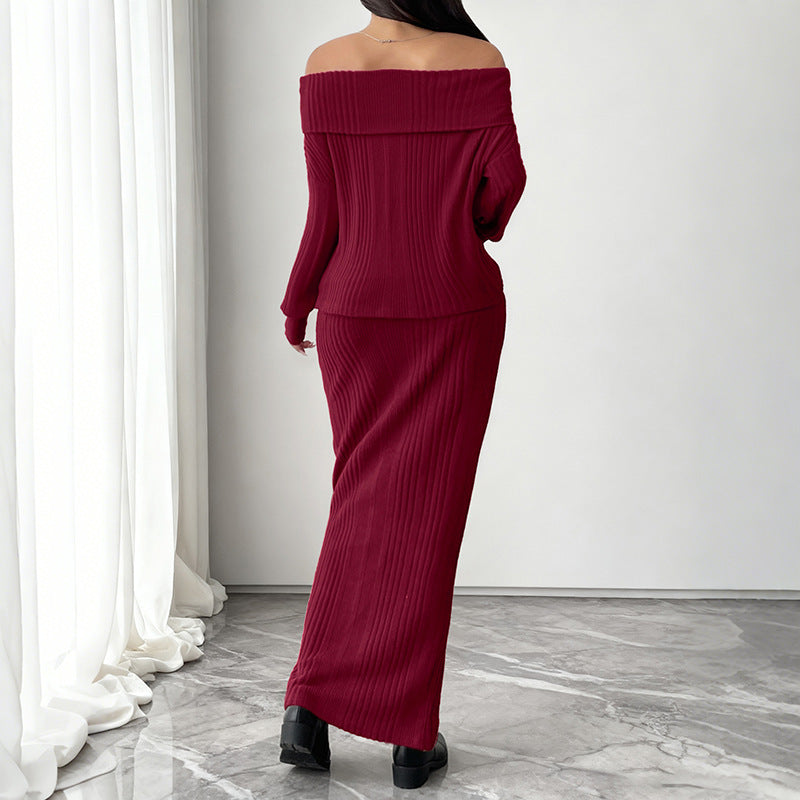 Damen Schulterfreies Rippstrick-Set mit Carmen-Ausschnitt und figurbetontem Maxi-Rock Nord Taschen