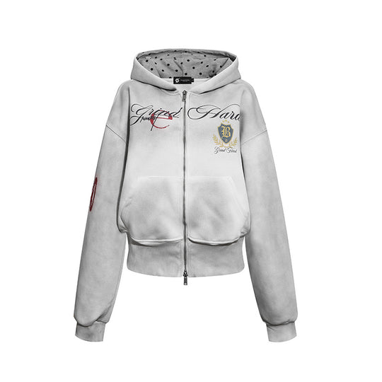 Damen Kurz geschnittene Zip-Hoodie aus French Terry mit gepunkteter Kapuzenfütterung und Wappen-Stick Nord Taschen