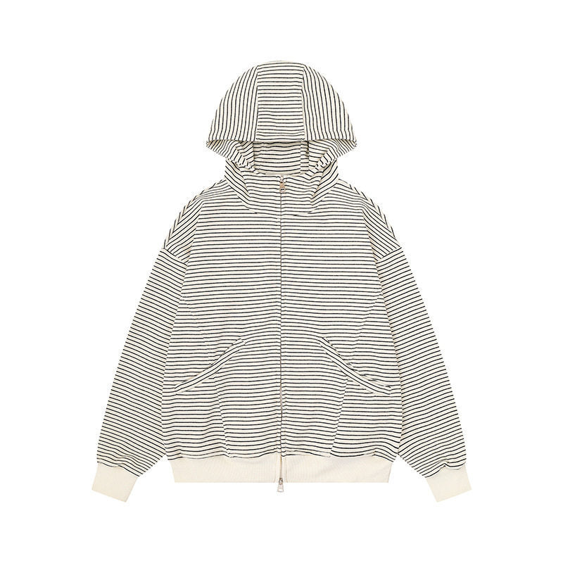 Unisex Gestreifte Kapuzen-Sweatjacke mit Reißverschluss und Kängurutaschen Nord Taschen