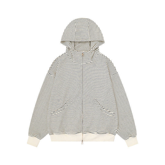 Unisex Gestreifte Kapuzen-Sweatjacke mit Reißverschluss und Kängurutaschen Nord Taschen