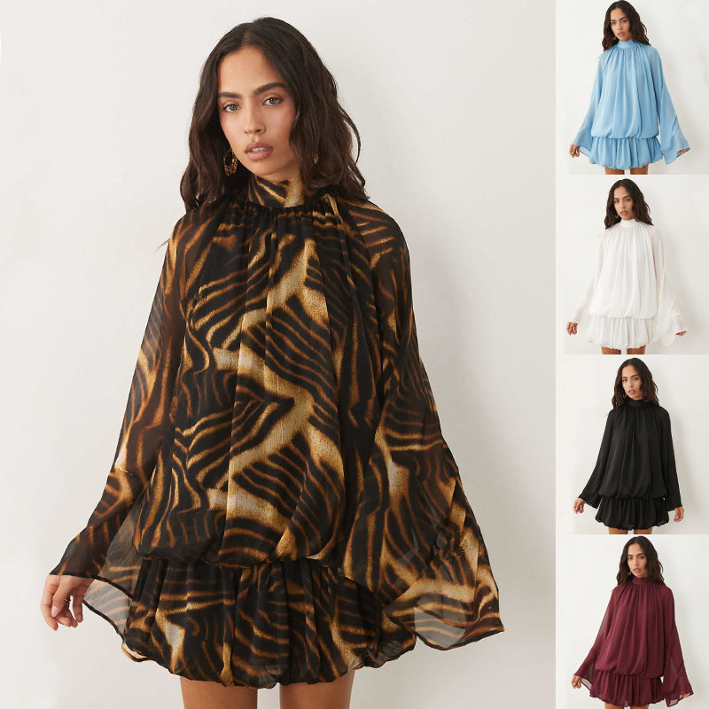 Damen Chiffon-Minikleid mit geraffter Blusentunika, Stehkragen und Volantrock Nord Taschen