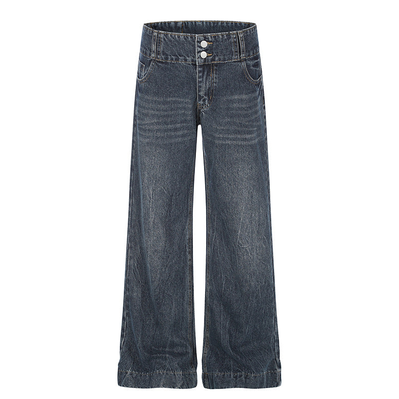 Damen High-Waist Weite Palazzo-Jeans mit Doppelknopf und ausgestelltem Bein Nord Taschen