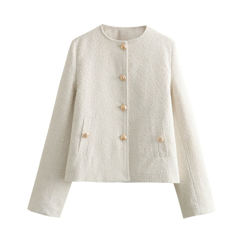 Damen Kurzgeschnittene Bouclé‑Tweedjacke mit Rundhalsausschnitt, Zierknöpfen und Pattentaschen Nord Taschen
