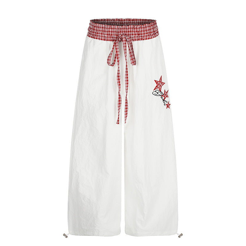 Damen Palazzo-Loungehose mit hohem Kordelzugbund, kariertem Komfortbund und Stern-Applikation Nord Taschen