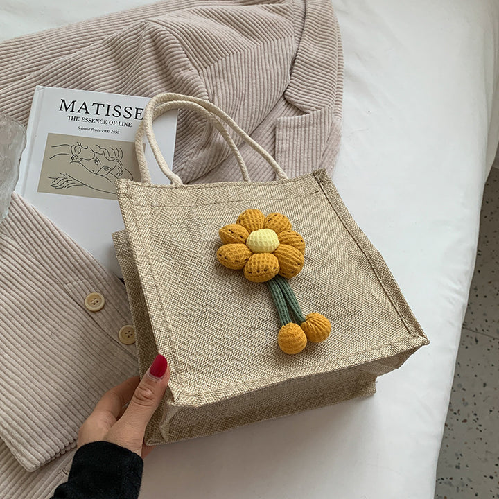 Damen Jute-Tragetasche mit verspieltem Blumenapplikationsdesign Nord Taschen