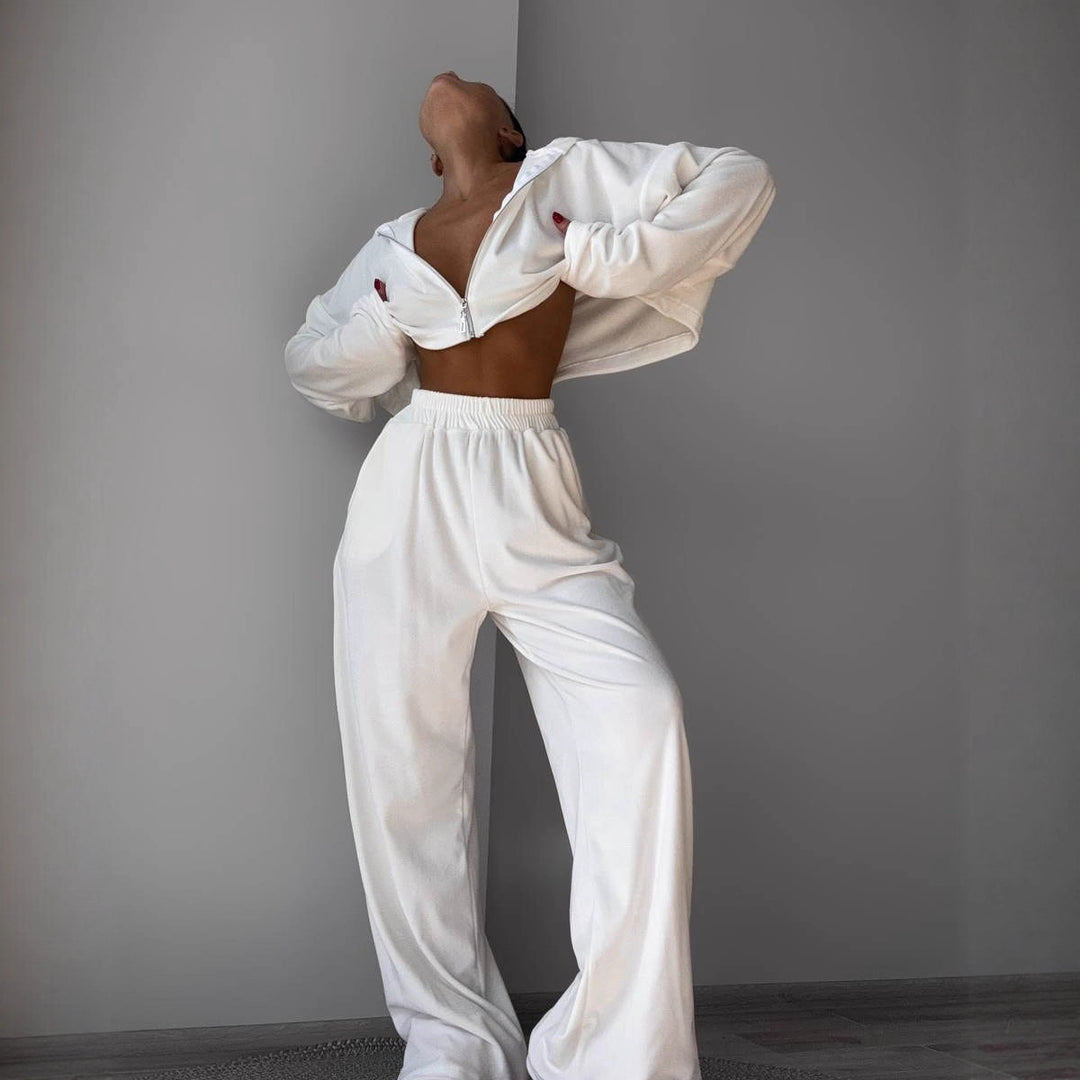 Damen kurzes Samt-Cropped-Zipshirt mit weitem High‑Waist Palazzo‑Hose Zweiteiler Nord Taschen