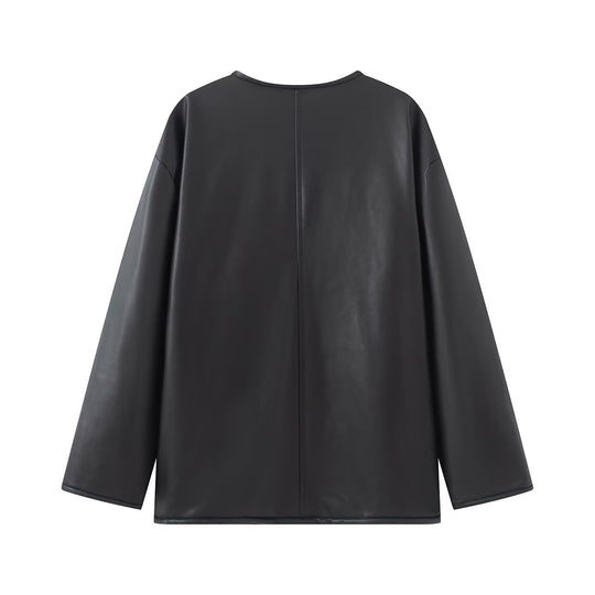 Damen Lockerer Lederimitat-Mantel mit Bindeschnüren, V‑Ausschnitt und aufgesetzten Taschen Nord Taschen