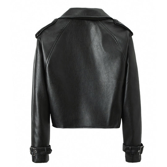 Damen Cropped Biker‑Trench aus weichem Kunstleder mit Schulterriegeln und Schnallenmanschetten Nord Taschen