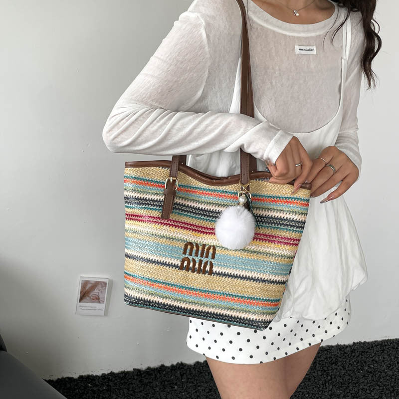 Damen Strandtasche mit bunten Streifen und Pompon Nord Taschen