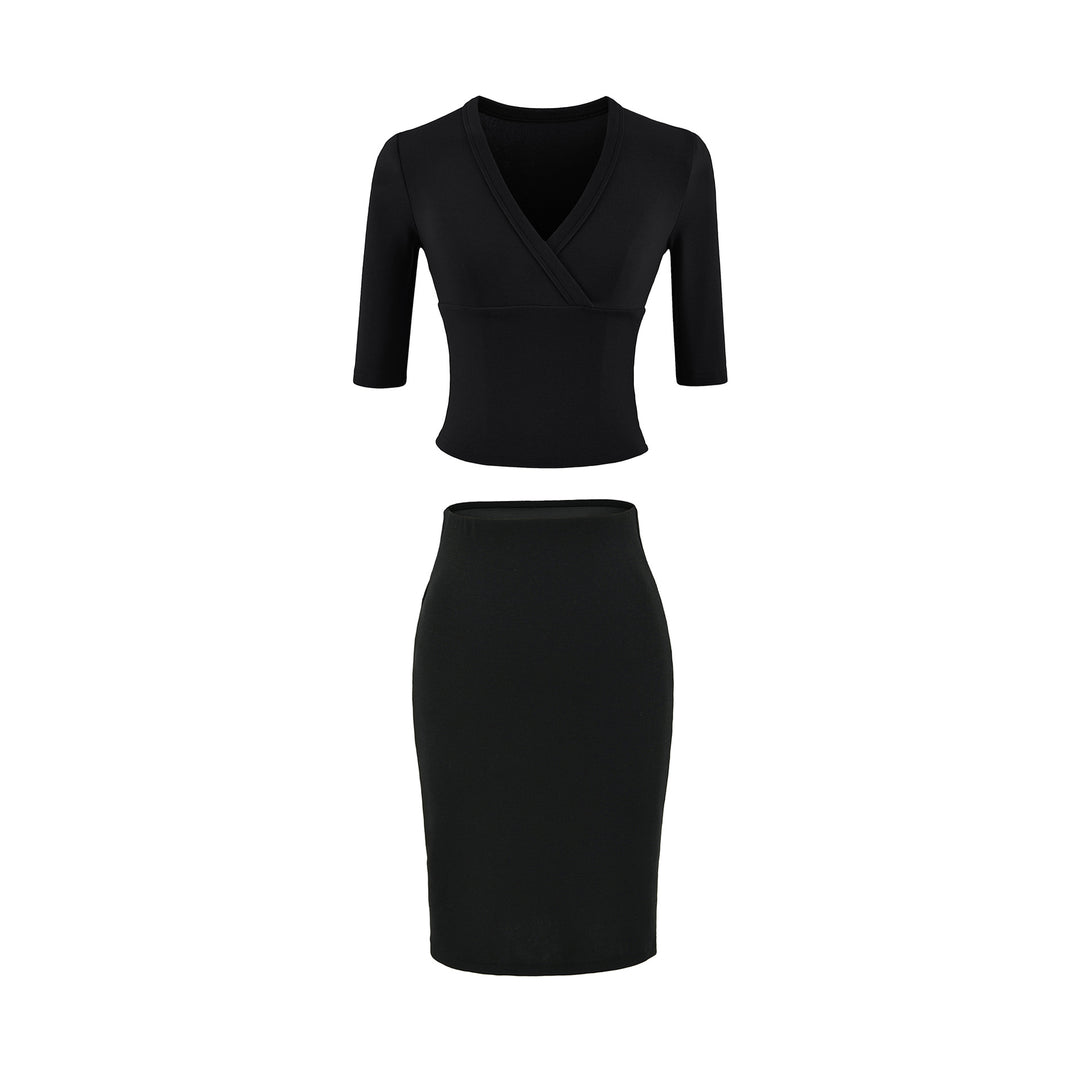 Damen Zweiteiliges figurbetontes Wickel-Top mit Dreiviertelärmeln und Highwaist-Bleistiftrock Nord Taschen