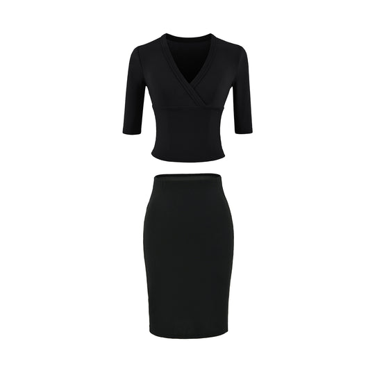 Damen Zweiteiliges figurbetontes Wickel-Top mit Dreiviertelärmeln und Highwaist-Bleistiftrock Nord Taschen