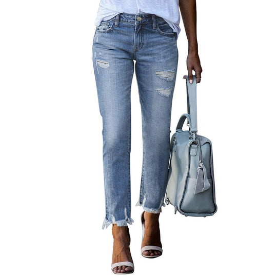 Damen Vintage Slim-Fit Jeans mit fransigem Saum und modischen Rissen