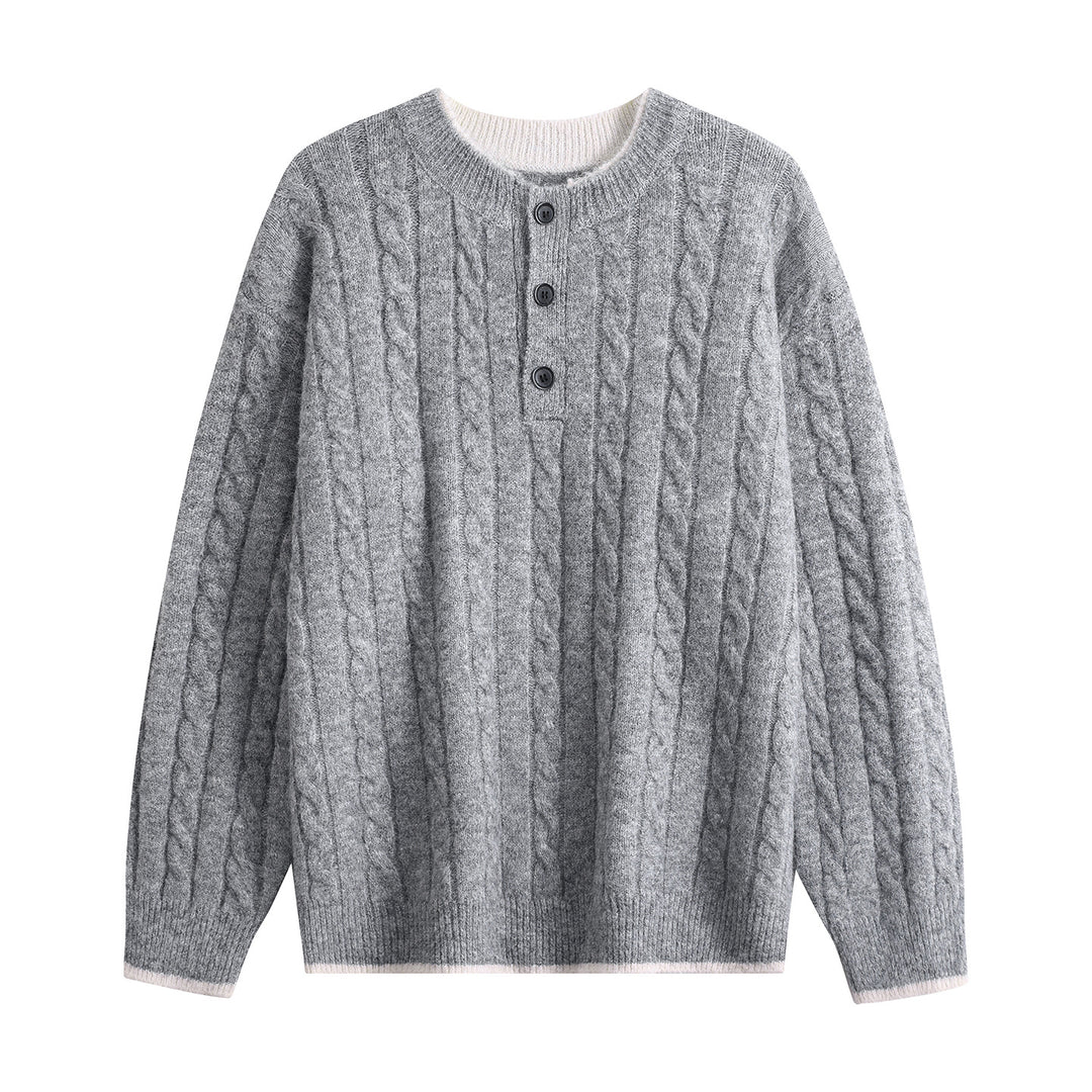 Damen Zopfmuster-Henley-Pullover mit Rundhalsausschnitt & Knopfleiste Nord Taschen
