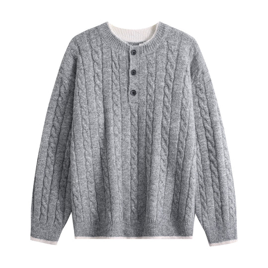 Damen Zopfmuster-Henley-Pullover mit Rundhalsausschnitt & Knopfleiste Nord Taschen