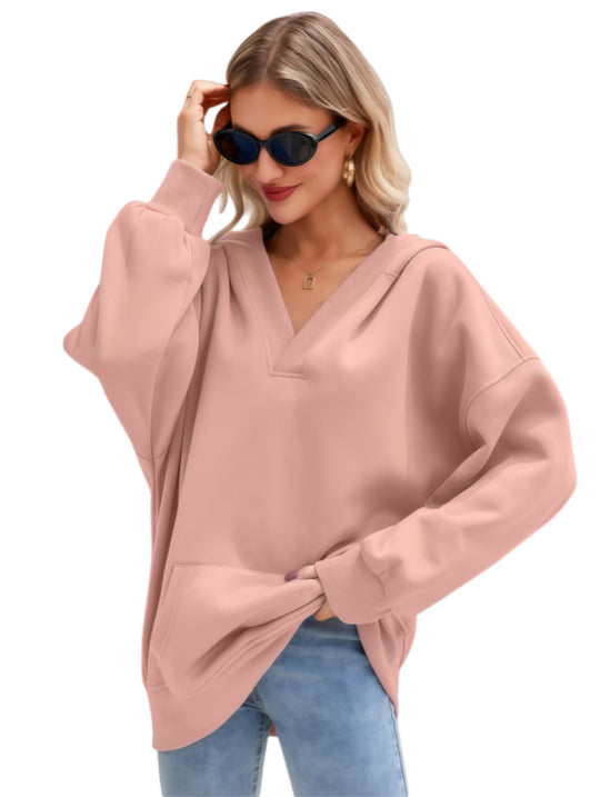 Damen Oversize V-Ausschnitt Hoodie mit Kapuze, Kängurutasche und verlängertem Saum Nord Taschen