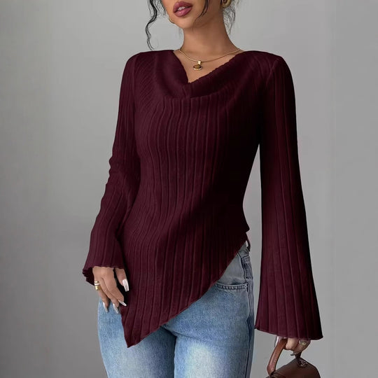 Damen Asymmetrischer Gerippter Feinstrickpullover mit V-Ausschnitt Nord Taschen
