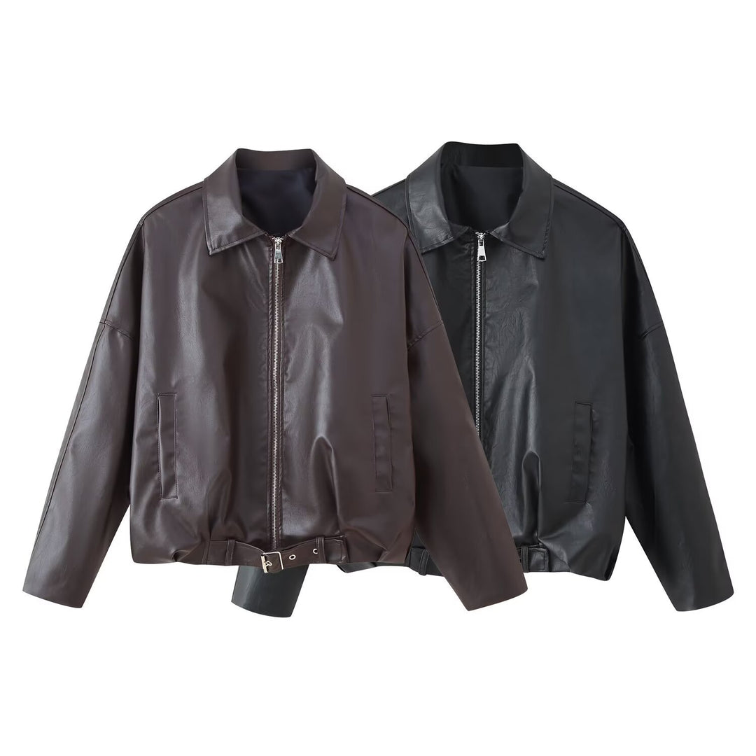 Damen Oversized Kunstleder-Bomberjacke mit Gürtel und Hemdkragen Nord Taschen