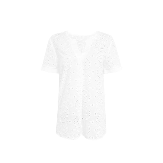 Damen Bluse mit floralen Lochstickereien und V-Ausschnitt
