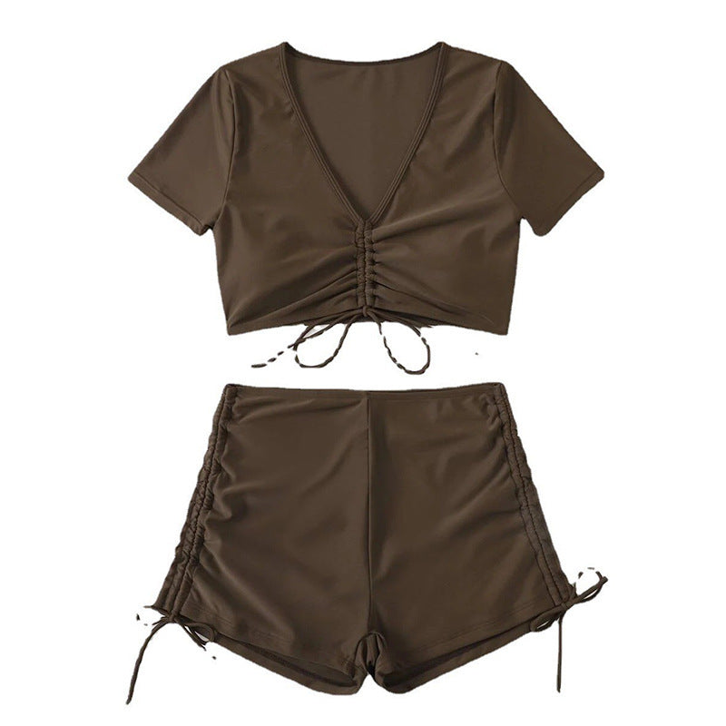 Damen Crop-Top Bikini-Set mit verstellbaren Rüschen und hoch tailliertem Slip