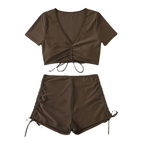 Damen Crop-Top Bikini-Set mit verstellbaren Rüschen und hoch tailliertem Slip