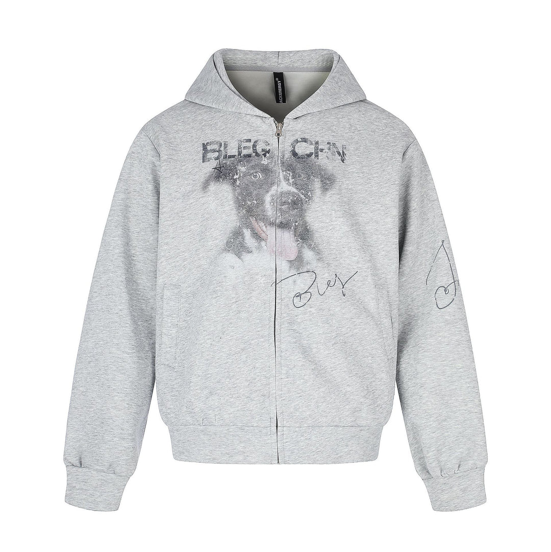 Unisex Kurz geschnittene Kapuzen‑Zipjacke mit grafischem Hundeprint und geripptem Saum Nord Taschen