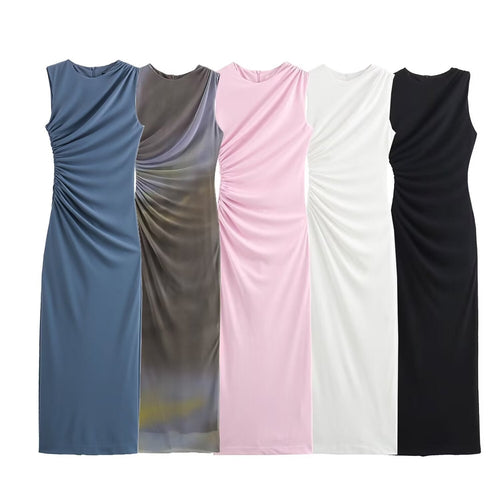 Einfarbiges Rundhalsausschnitt Ärmelloses Faltendes Slim Fit Kleid