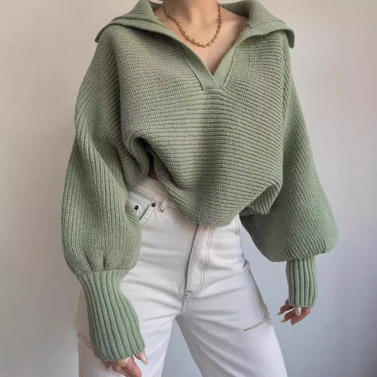 Damen Oversize Rippsweater mit Reverskragen und tiefem V‑Ausschnitt Nord Taschen
