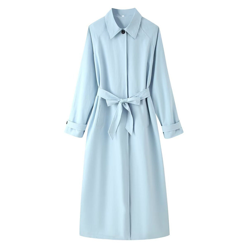 Damen langer taillierter Trenchcoat mit Bindegürtel und Hemdkragen Nord Taschen