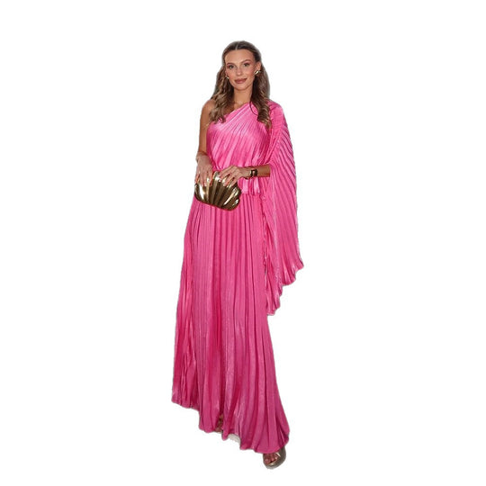 Damen Ein-Schulter Plissee-Maxikleid mit drapiertem Oberteil und weitem Volantrock Nord Taschen