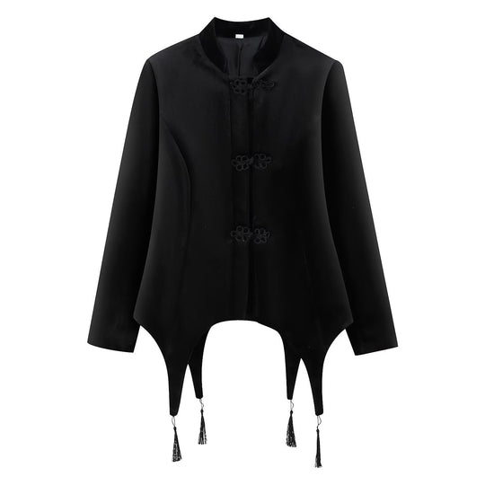 Damen Asymmetrische Kurzjacke mit Stehkragen, Kordelverschlüssen und Quasten-Saum Nord Taschen