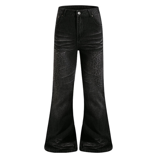Damen Hochgeschnittene Flared-Jeans mit dezenter Leo-Prägung und Used-Waschung Nord Taschen
