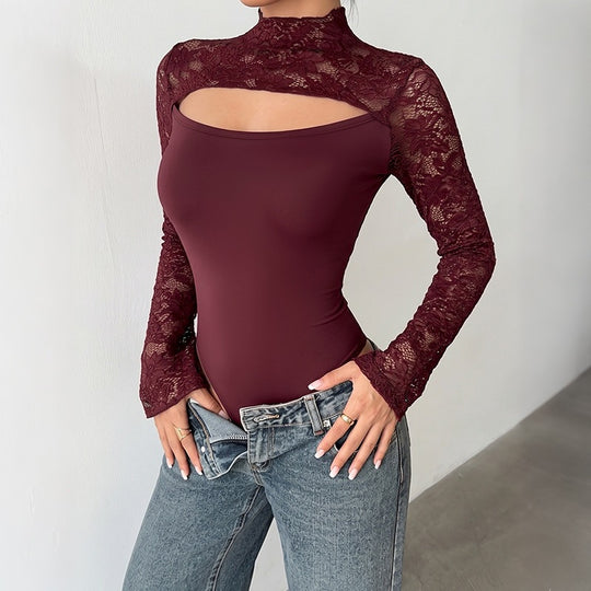 Damen Spitzen-Bodysuit mit Cut-Out, Carmen‑Optik und ausgestellten Trompetenärmeln Nord Taschen