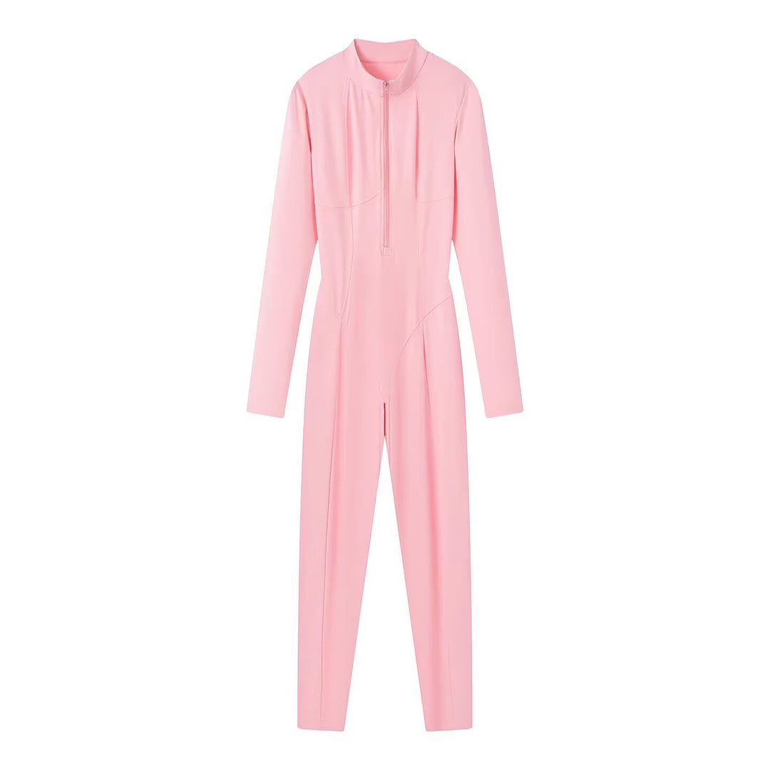Damen Slim-Fit einteiliger Catsuit mit Reißverschluss und hohem Kragen Nord Taschen