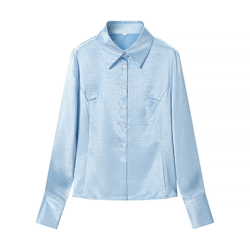 Damen Satinbluse mit taillierten Teilungsnähten, durchgehender Knopfleiste und breiten Manschetten Nord Taschen