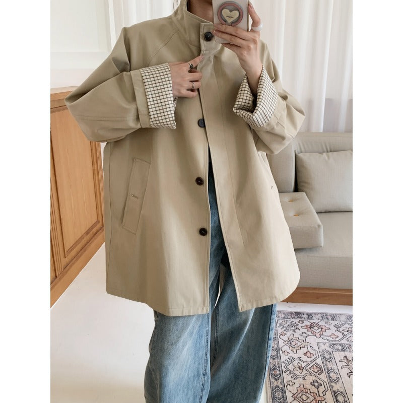Damen Oversize-Mantel mit Stehkragen und kariertem Ärmelsaum Nord Taschen