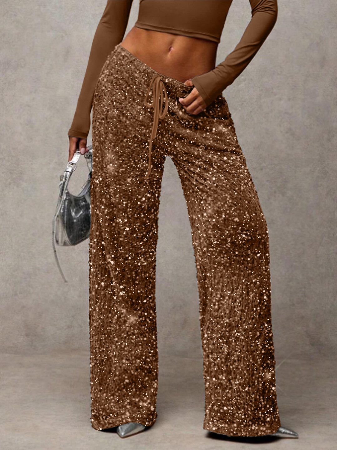 Damen Pailletten-Palazzohose mit hohem Bund und Kordelzug Nord Taschen