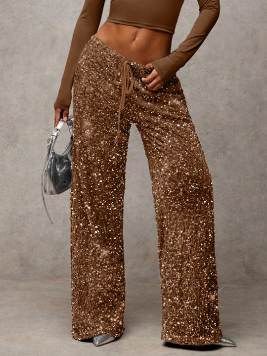 Damen Pailletten-Palazzohose mit hohem Bund und Kordelzug Nord Taschen