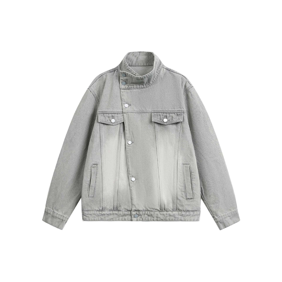 Unisex Boxy-Jeansblouson mit asymmetrischer Druckknopfblende und hohem Stehkragen Nord Taschen