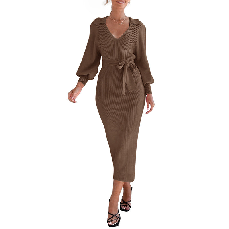 Damen Midikleid aus Rippstrick mit V‑Ausschnitt, Hemdkragen, Balloonärmeln & Bindegürtel Nord Taschen