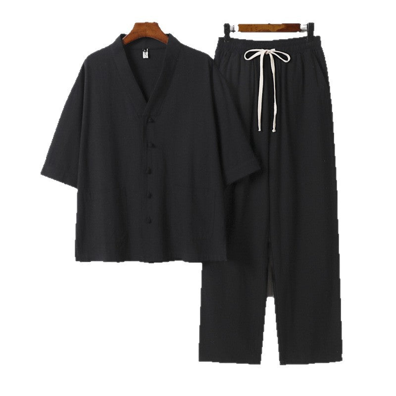 Herren Kimono-Zweiteiler aus Leinenmischung mit V-Ausschnitt, aufgesetzten Taschen und Kordelbundhose Nord Taschen