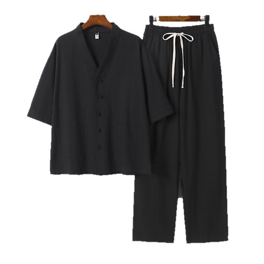 Herren Kimono-Zweiteiler aus Leinenmischung mit V-Ausschnitt, aufgesetzten Taschen und Kordelbundhose Nord Taschen