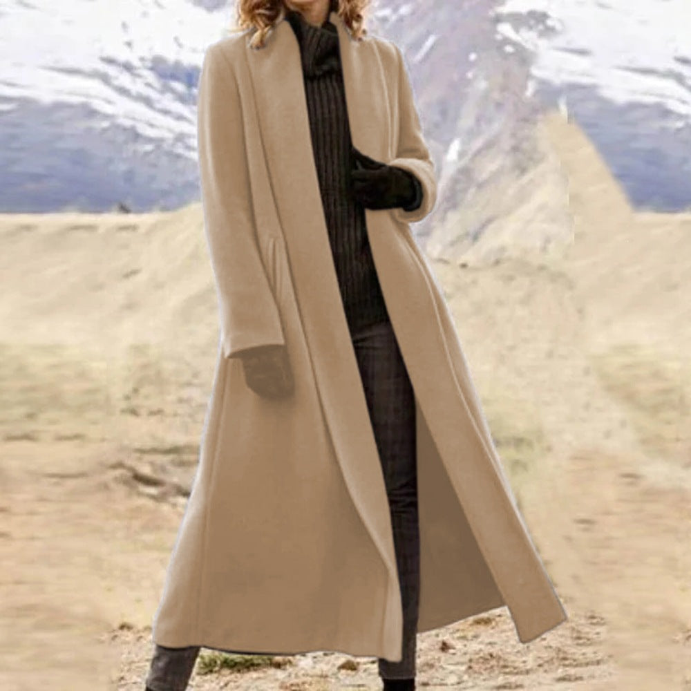 Damen eleganter langer Wollmix-Mantel mit offenem Fall und seitlichen Eingrifftaschen Nord Taschen