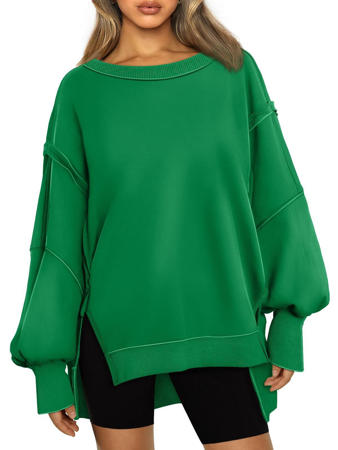 Damen Weiches Longline-Sweatshirt mit Ballonärmeln, seitlichen Schlitzen und geripptem Saum Nord Taschen
