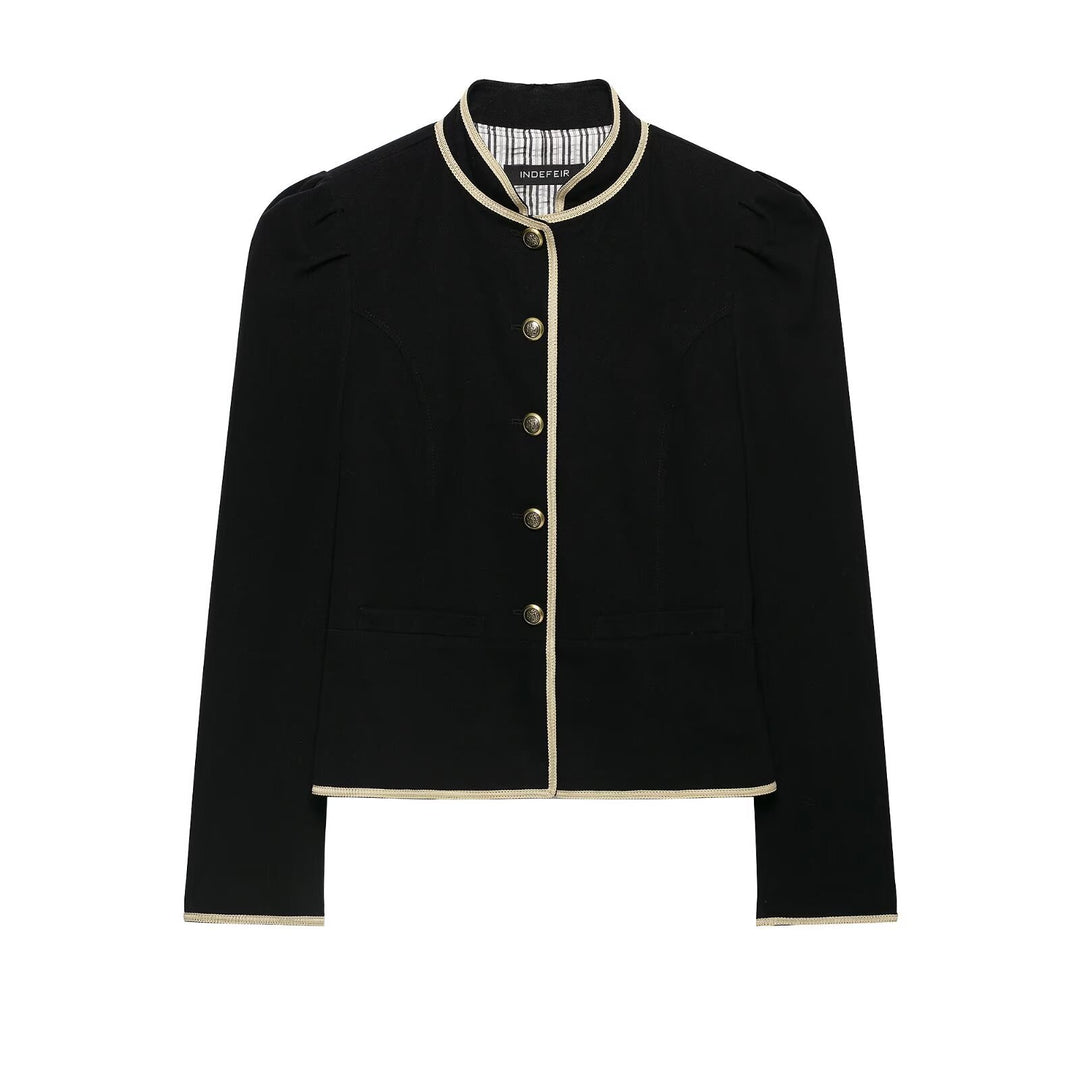 Damen Cropped Kurzblazer mit Stehkragen, Zierpaspel und Medaillonknöpfen Nord Taschen