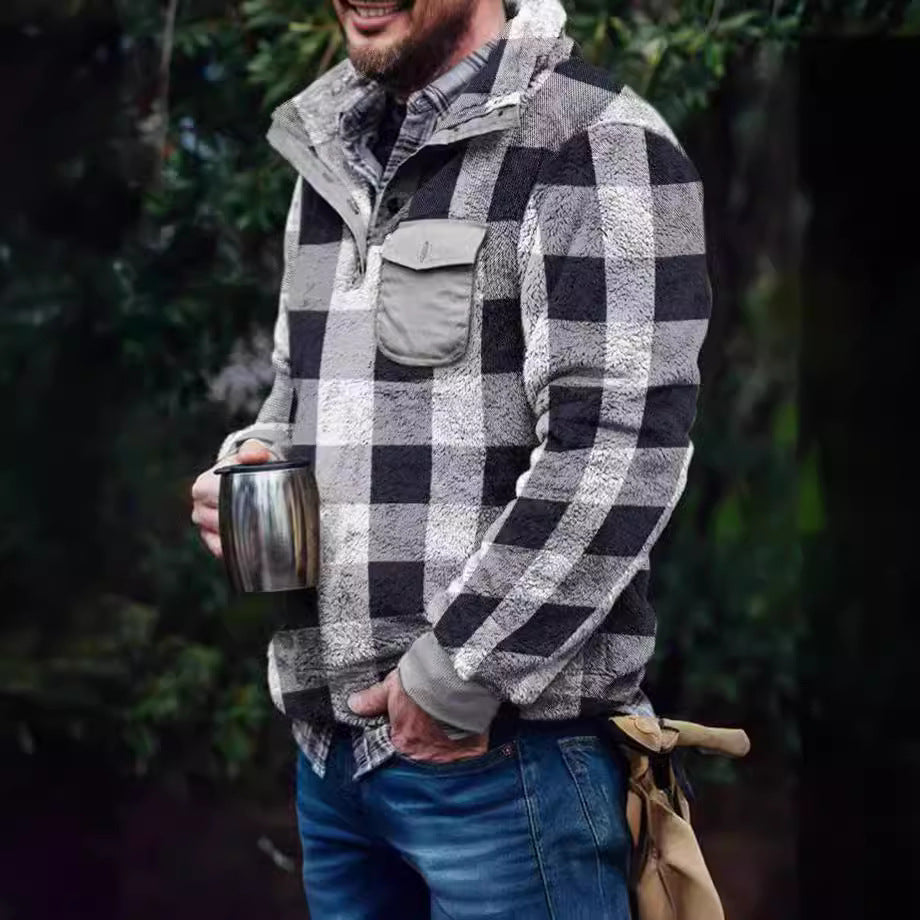 Herren Fleece-Pullover mit Karomuster und Hohem Kragen Avellé