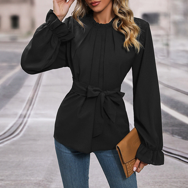 Damen Elegante Bluse mit Rüschendetails und Bindegürtel Nord Taschen