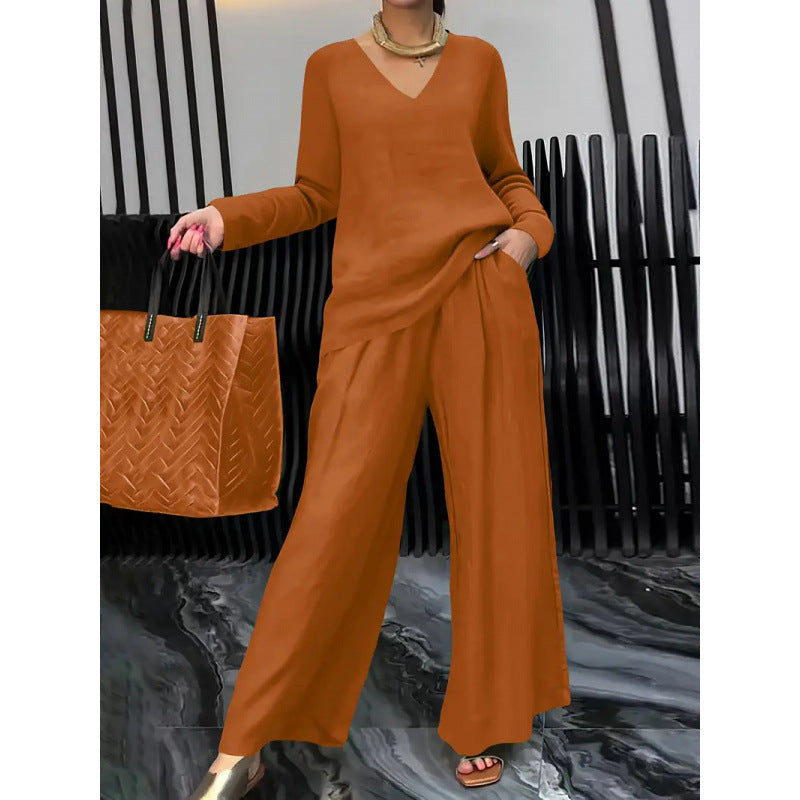 Damen Feiner V-Ausschnitt Strickpullover mit fließender Palazzo-Hose Nord Taschen