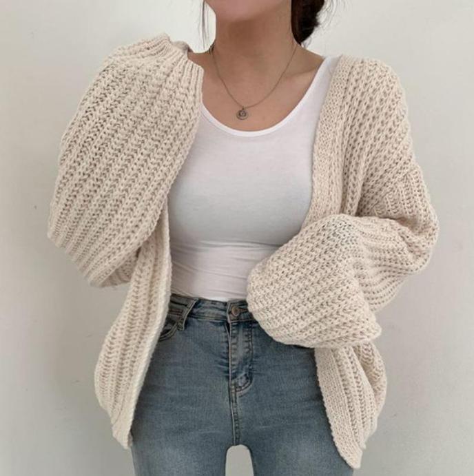 Damen grob gestrickte Oversized Cardigan mit tiefem V-Ausschnitt