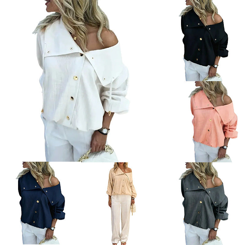 Damen Oversize Off-Shoulder Leinenbluse mit asymmetrischem Kragen und Zierknopfleiste Nord Taschen